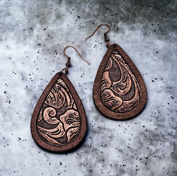 Wooden Faux Leather Vegan Drop Earrings - Picture 5 of 5